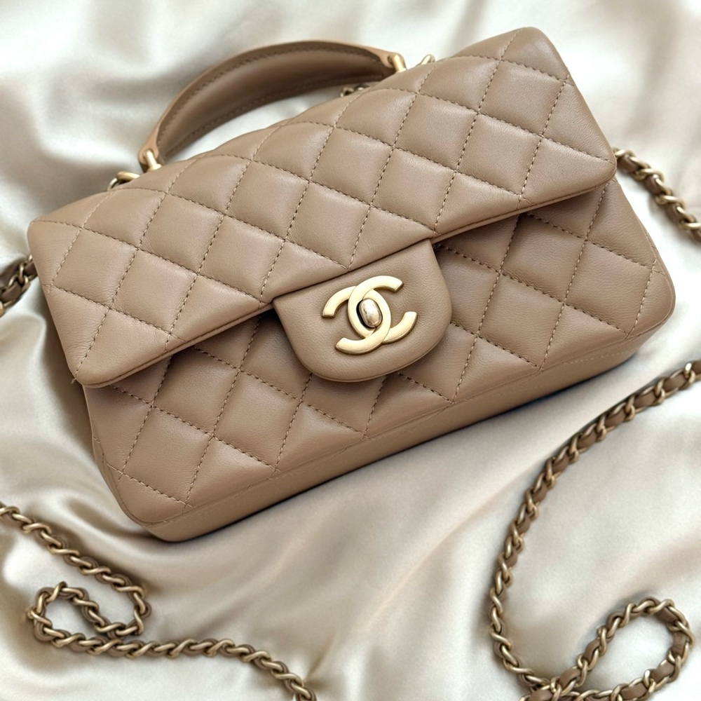 Authentic Chanel Mini Flap with Top Handle – Beige Lambskin & Gold Hardware NIB - Picture 12 of 12